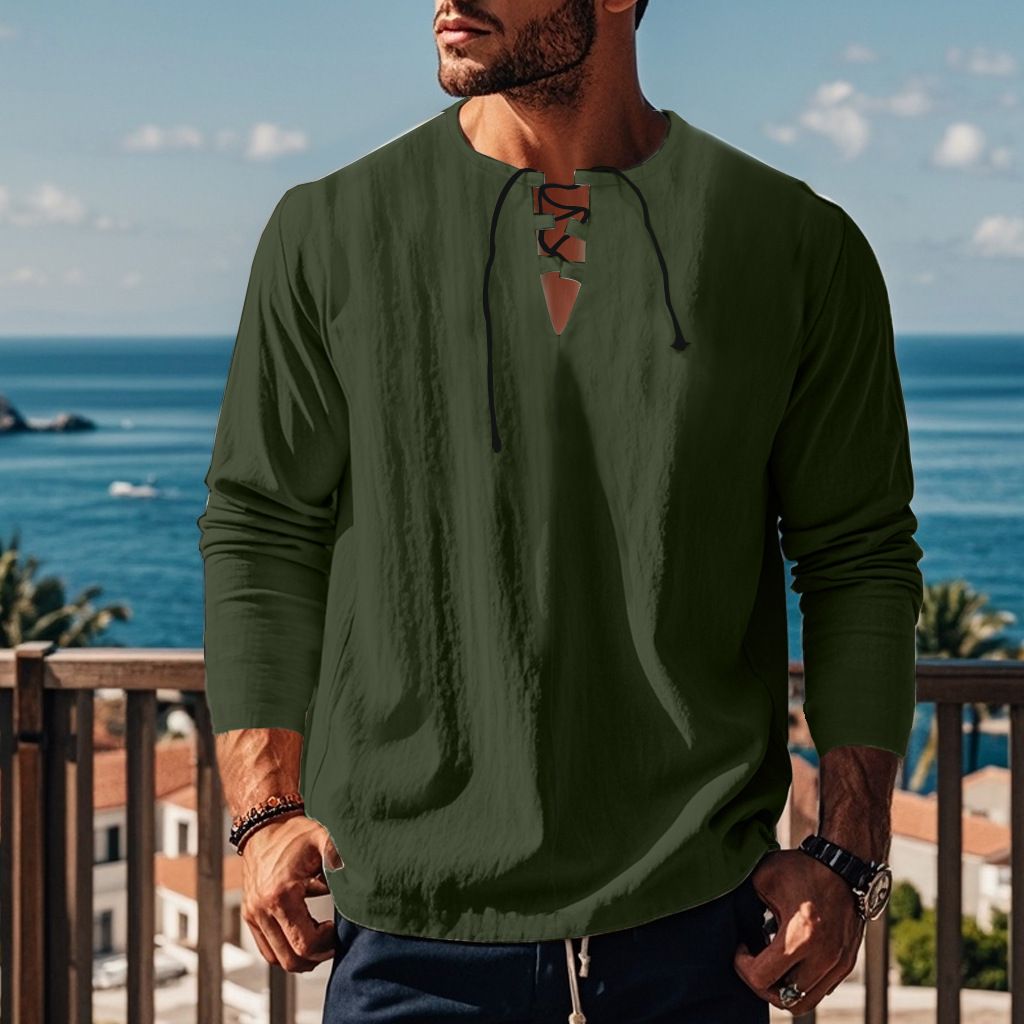 Autumn Men's Casual Ralph T-Shirt Cross-Border V-Neck with Loose Strap Solid Color Long Sleeve Cotton Linen Beach Jacket  T-Shirts