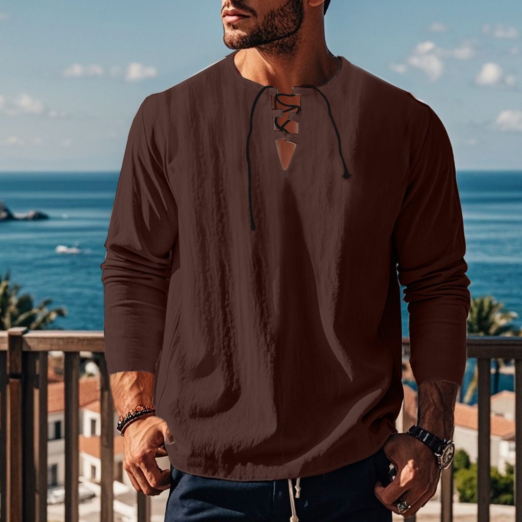 Autumn Men's Casual Ralph T-Shirt Cross-Border V-Neck with Loose Strap Solid Color Long Sleeve Cotton Linen Beach Jacket  T-Shirts