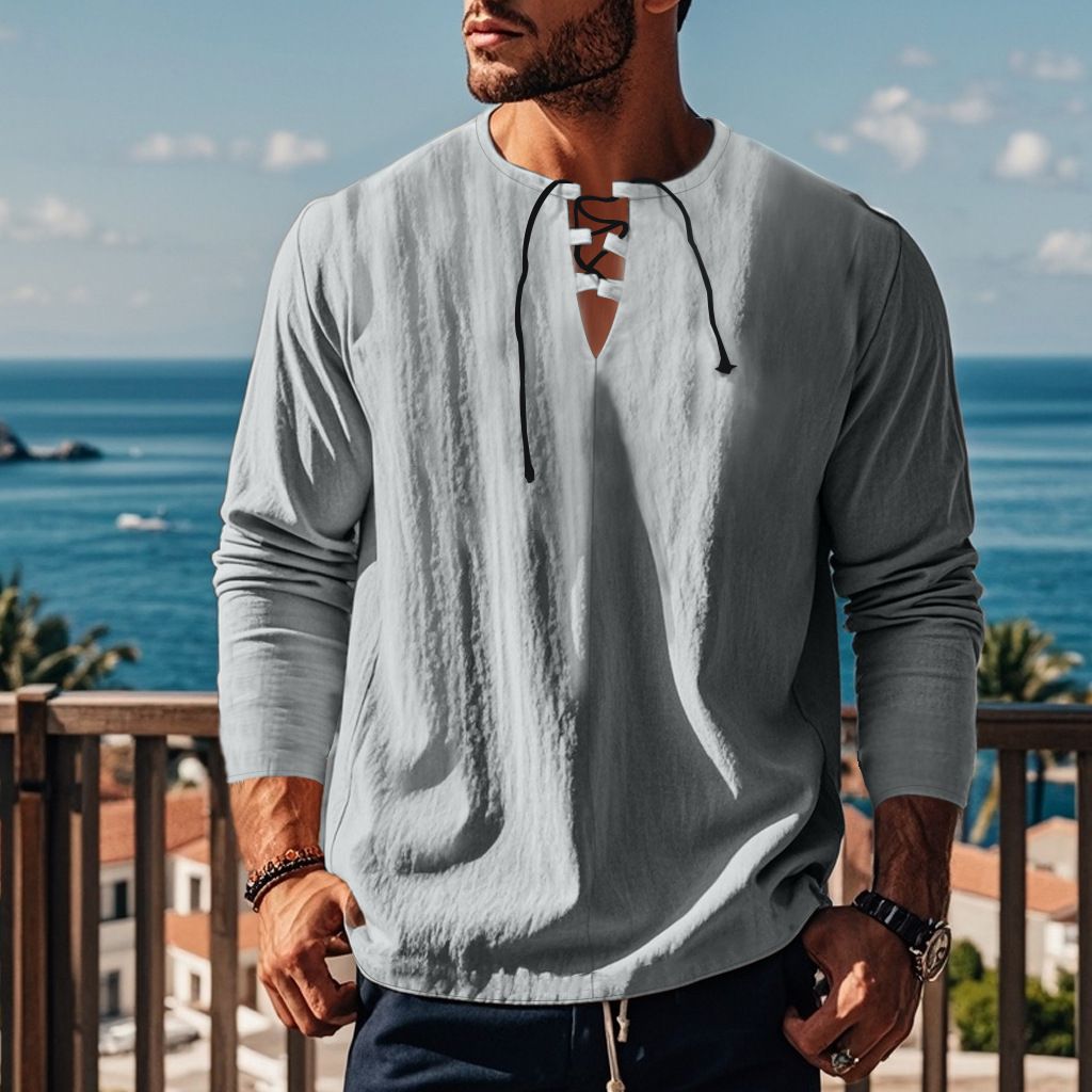 Autumn Men's Casual Ralph T-Shirt Cross-Border V-Neck with Loose Strap Solid Color Long Sleeve Cotton Linen Beach Jacket  T-Shirts