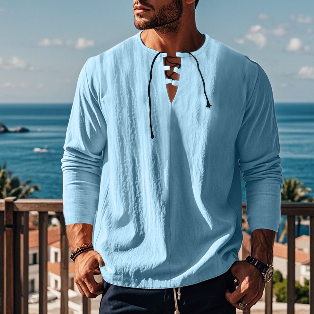 Autumn Men's Casual Ralph T-Shirt Cross-Border V-Neck with Loose Strap Solid Color Long Sleeve Cotton Linen Beach Jacket  T-Shirts