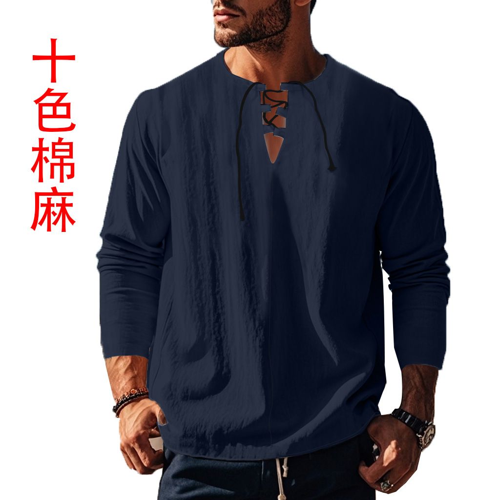 Autumn Men's Casual Ralph T-Shirt Cross-Border V-Neck with Loose Strap Solid Color Long Sleeve Cotton Linen Beach Jacket  T-Shirts