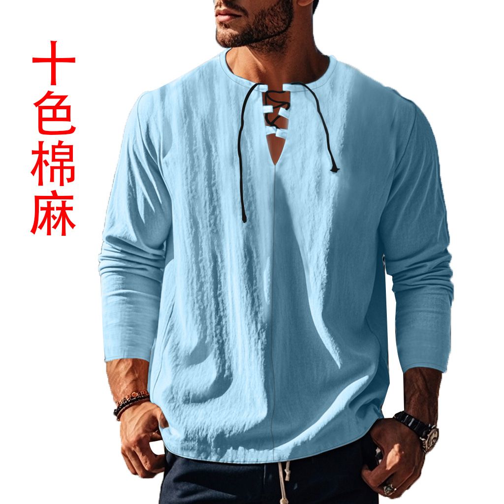 Autumn Men's Casual Ralph T-Shirt Cross-Border V-Neck with Loose Strap Solid Color Long Sleeve Cotton Linen Beach Jacket  T-Shirts