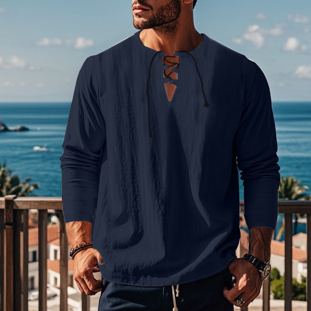 Autumn Men's Casual Ralph T-Shirt Cross-Border V-Neck with Loose Strap Solid Color Long Sleeve Cotton Linen Beach Jacket  T-Shirts
