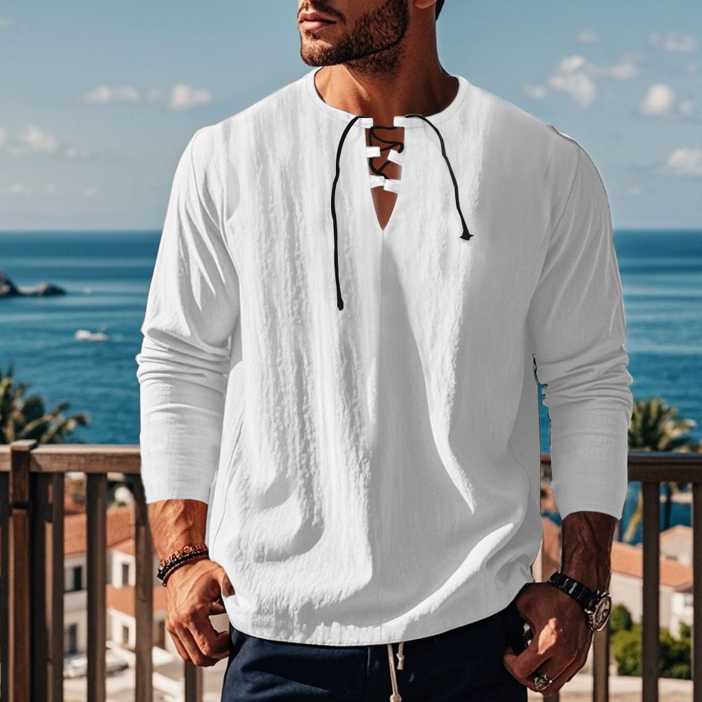 Autumn Men's Casual Ralph T-Shirt Cross-Border V-Neck with Loose Strap Solid Color Long Sleeve Cotton Linen Beach Jacket  T-Shirts