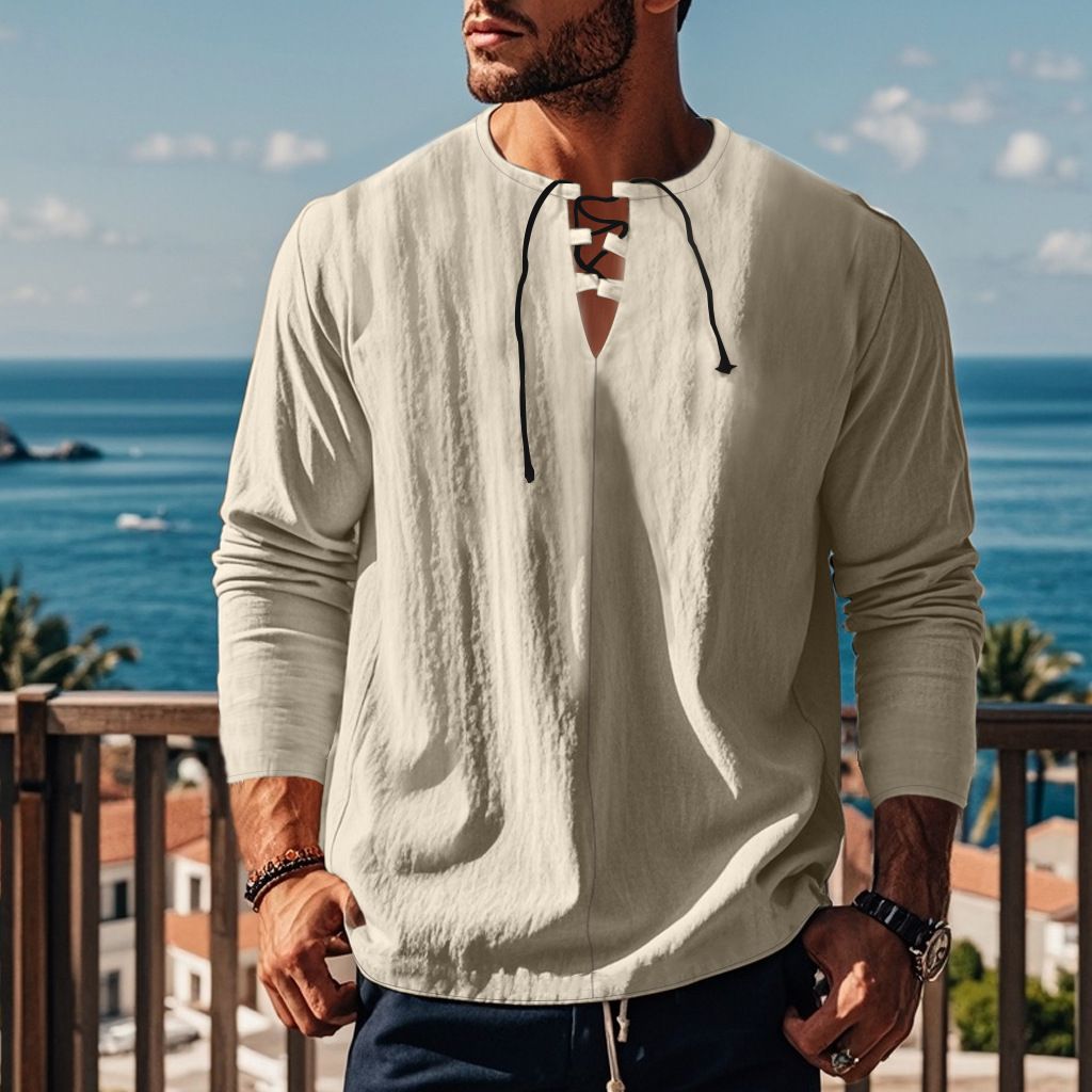 Autumn Men's Casual Ralph T-Shirt Cross-Border V-Neck with Loose Strap Solid Color Long Sleeve Cotton Linen Beach Jacket  T-Shirts