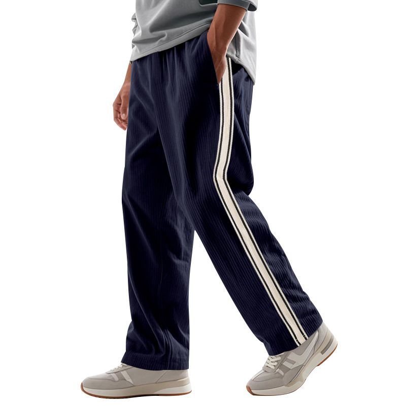 European American Casual Sports Pants Cross-Border New Corduroy Striped Loose Fit Elastic Waist Flat Front Worsted  Casual  Pants