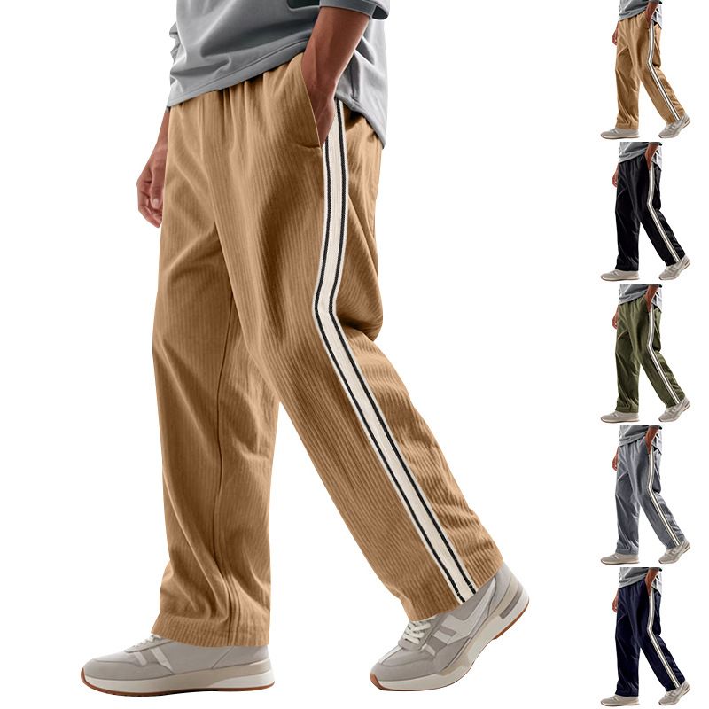 European American Casual Sports Pants Cross-Border New Corduroy Striped Loose Fit Elastic Waist Flat Front Worsted  Casual  Pants