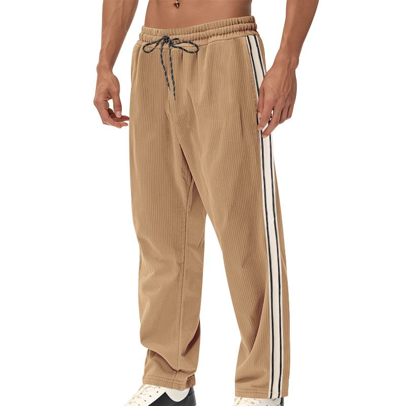 European American Casual Sports Pants Cross-Border New Corduroy Striped Loose Fit Elastic Waist Flat Front Worsted  Casual  Pants