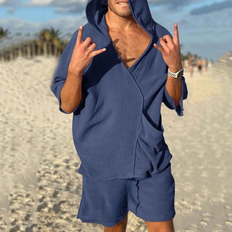Men's Cotton Linen Two-Piece Set, Short-Sleeve Hoodie, V-Neck T-Shirt, Loose Home Suits, Irregular Shorts, Monochromatic, Summer Two-Piece Outfits
