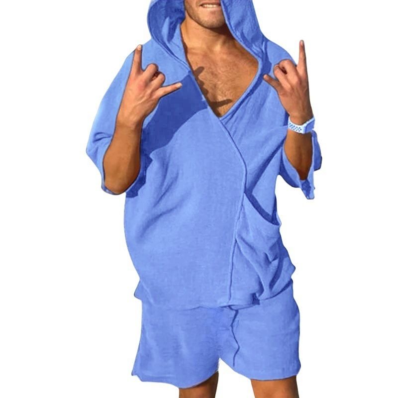 Men's Cotton Linen Two-Piece Set, Short-Sleeve Hoodie, V-Neck T-Shirt, Loose Home Suits, Irregular Shorts, Monochromatic, Summer Two-Piece Outfits