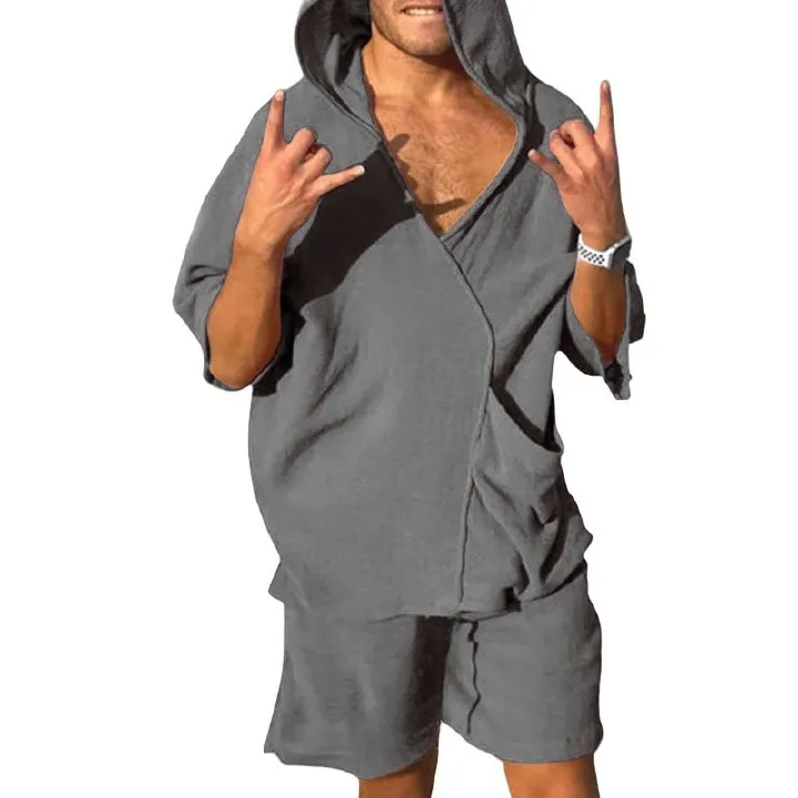 Men's Cotton Linen Two-Piece Set, Short-Sleeve Hoodie, V-Neck T-Shirt, Loose Home Suits, Irregular Shorts, Monochromatic, Summer Two-Piece Outfits