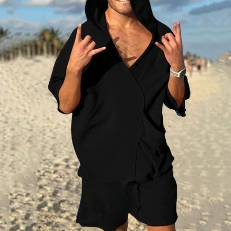 Men's Cotton Linen Two-Piece Set, Short-Sleeve Hoodie, V-Neck T-Shirt, Loose Home Suits, Irregular Shorts, Monochromatic, Summer Two-Piece Outfits