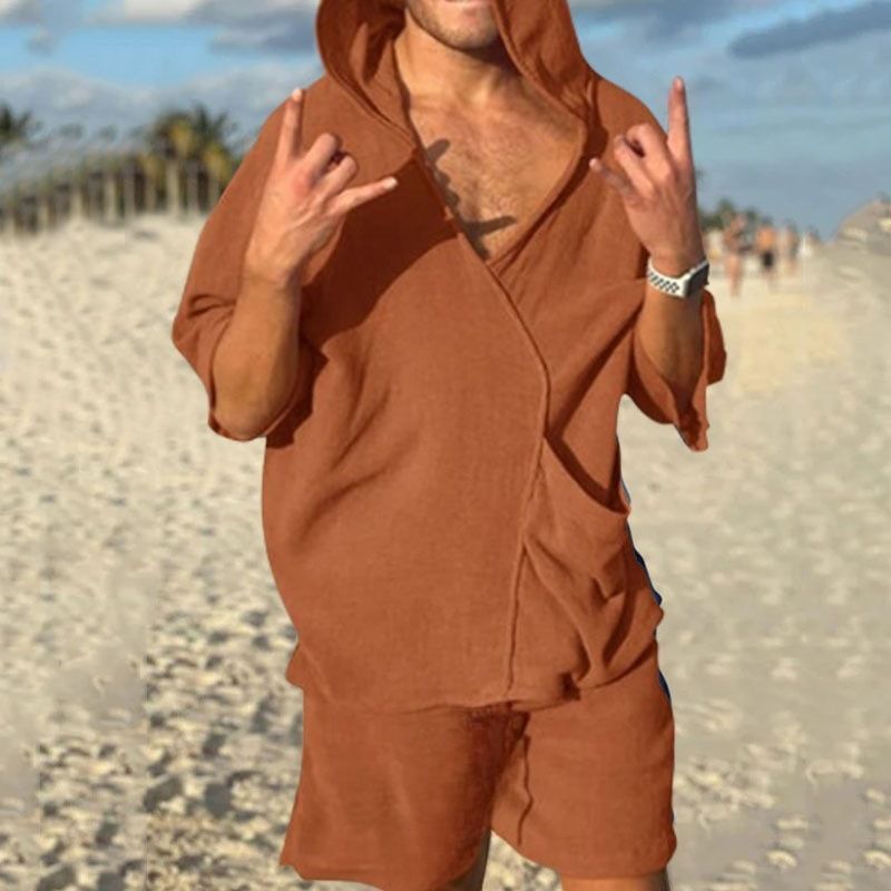 Men's Cotton Linen Two-Piece Set, Short-Sleeve Hoodie, V-Neck T-Shirt, Loose Home Suits, Irregular Shorts, Monochromatic, Summer Two-Piece Outfits