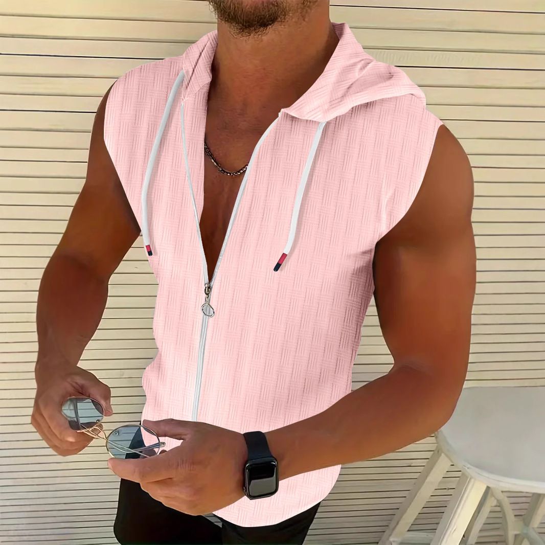 Summer New Fashionable Men's Hooded Suit Zipper T-shirt Sleeveless Vest Shorts T-Shirts