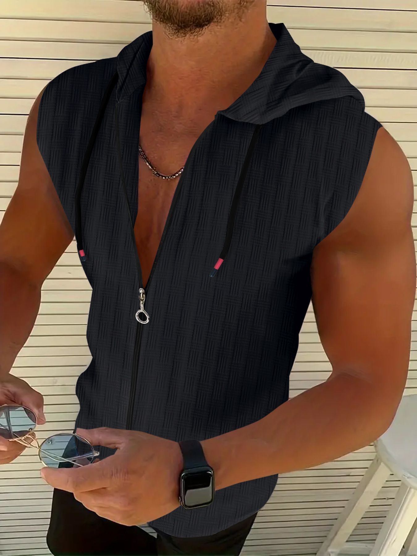 Summer New Fashionable Men's Hooded Suit Zipper T-shirt Sleeveless Vest Shorts T-Shirts