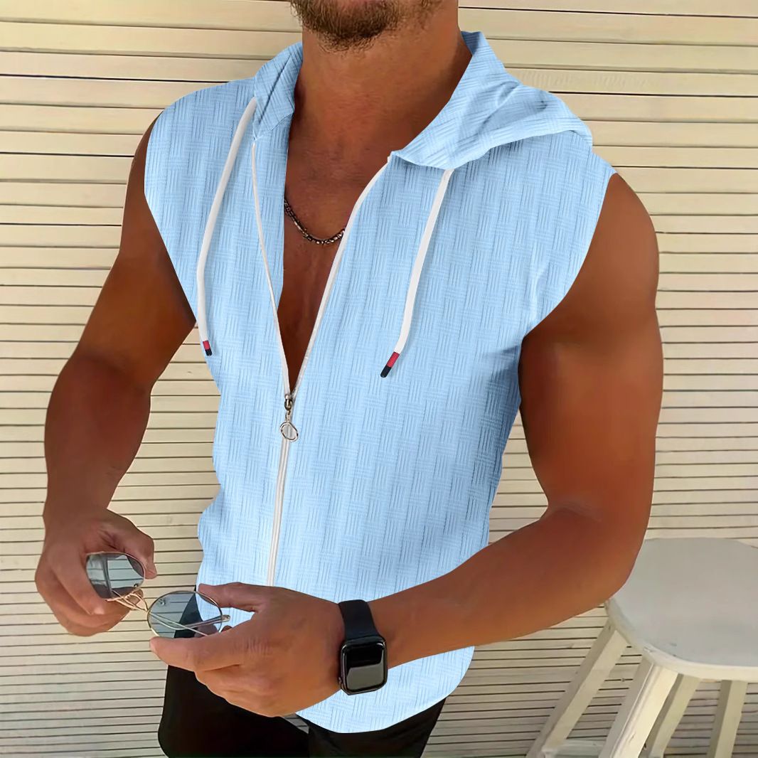 Summer New Fashionable Men's Hooded Suit Zipper T-shirt Sleeveless Vest Shorts T-Shirts