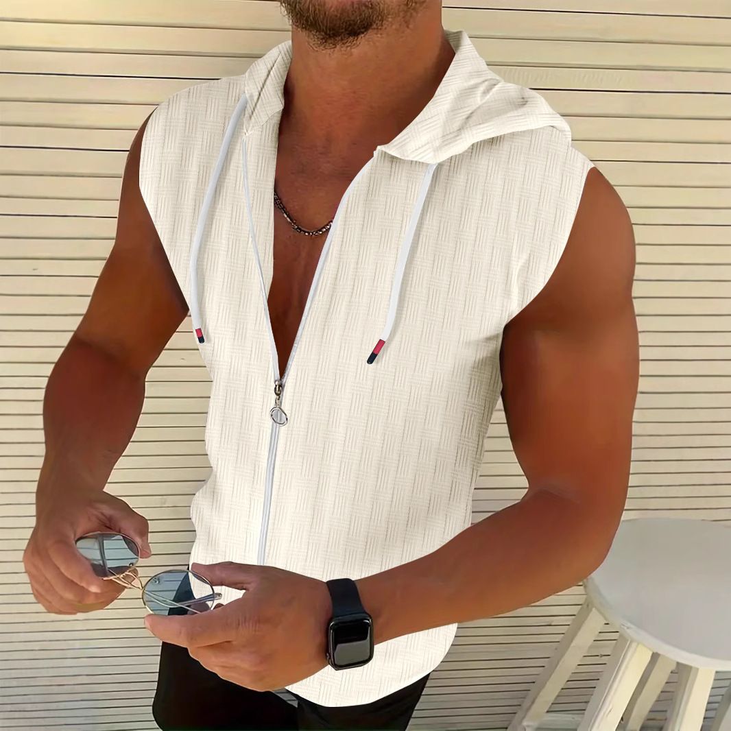 Summer New Fashionable Men's Hooded Suit Zipper T-shirt Sleeveless Vest Shorts T-Shirts