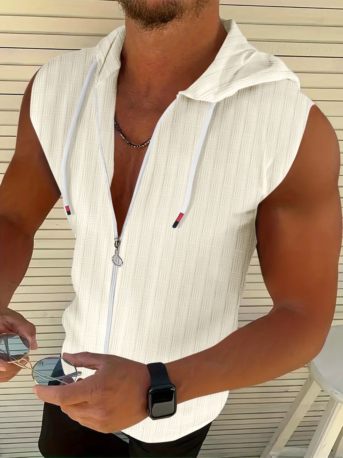 Summer New Fashionable Men's Hooded Suit Zipper T-shirt Sleeveless Vest Shorts T-Shirts