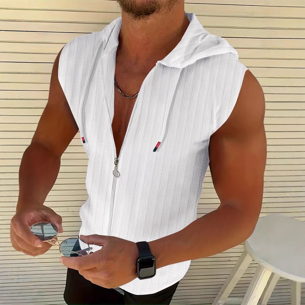 Summer New Fashionable Men's Hooded Suit Zipper T-shirt Sleeveless Vest Shorts T-Shirts