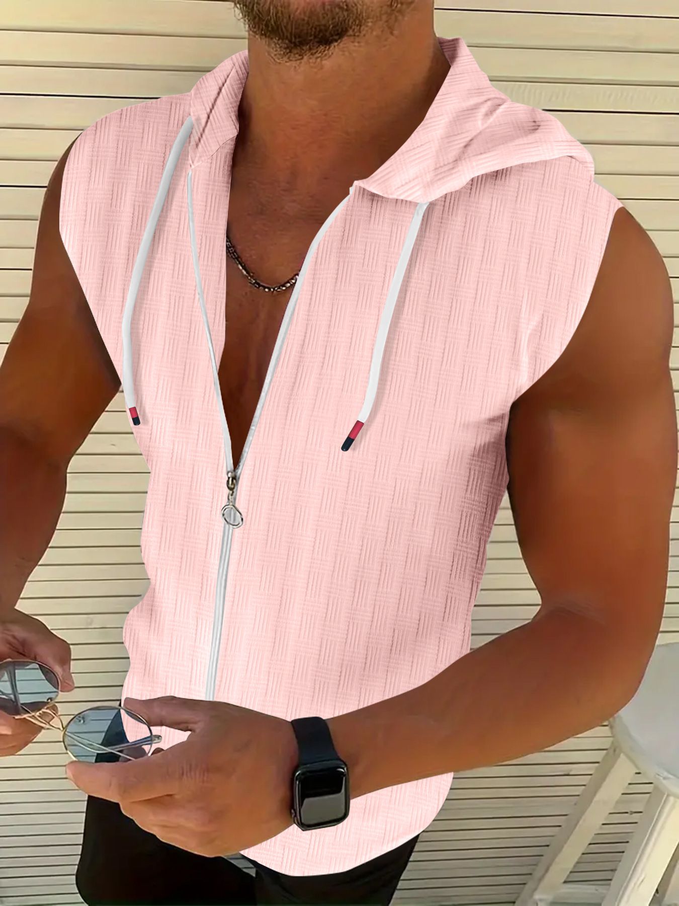 Summer New Fashionable Men's Hooded Suit Zipper T-shirt Sleeveless Vest Shorts T-Shirts