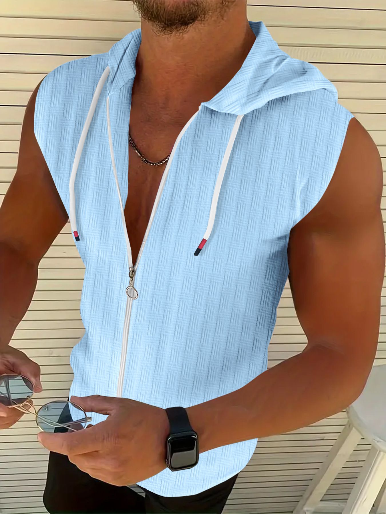 Summer New Fashionable Men's Hooded Suit Zipper T-shirt Sleeveless Vest Shorts T-Shirts