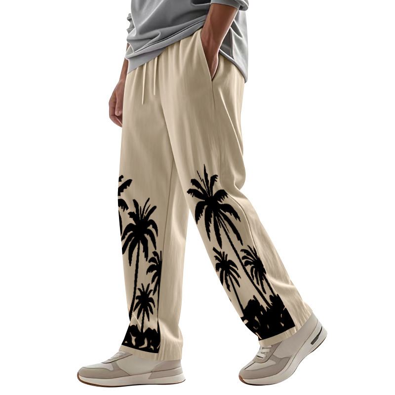 Men's Four Seasons Flax Casual Straight Leg Pants for Amazon Hawaii Print Wide Leg Trousers for Casual