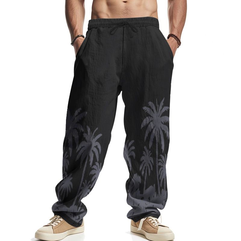 Men's Four Seasons Flax Casual Straight Leg Pants for Amazon Hawaii Print Wide Leg Trousers for Casual