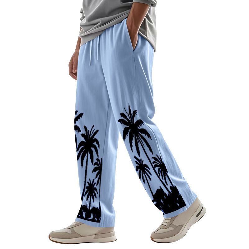Men's Four Seasons Flax Casual Straight Leg Pants for Amazon Hawaii Print Wide Leg Trousers for Casual