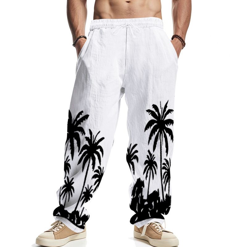 Men's Four Seasons Flax Casual Straight Leg Pants for Amazon Hawaii Print Wide Leg Trousers for Casual