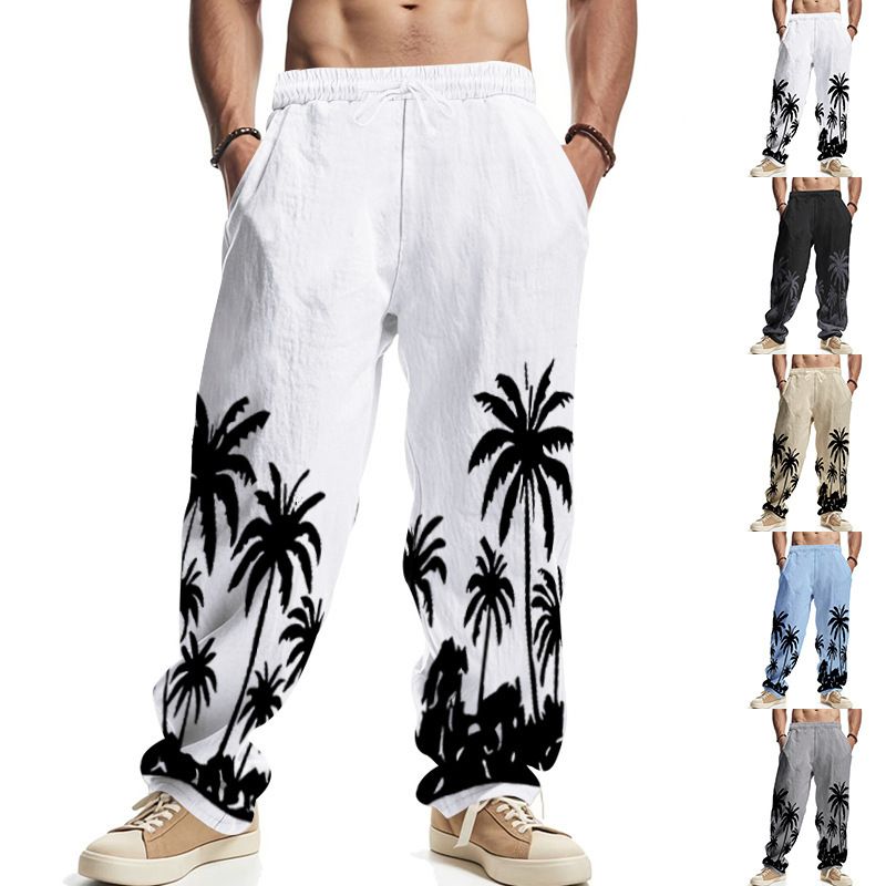 Men's Four Seasons Flax Casual Straight Leg Pants for Amazon Hawaii Print Wide Leg Trousers for Casual