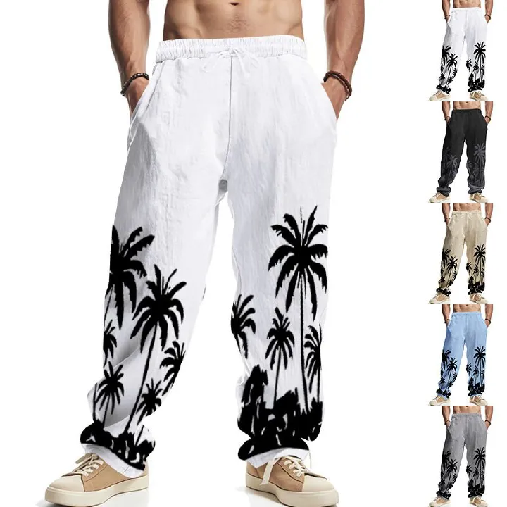 Men's Four Seasons Flax Casual Straight Leg Pants for Amazon Hawaii Print Wide Leg Trousers for Casual