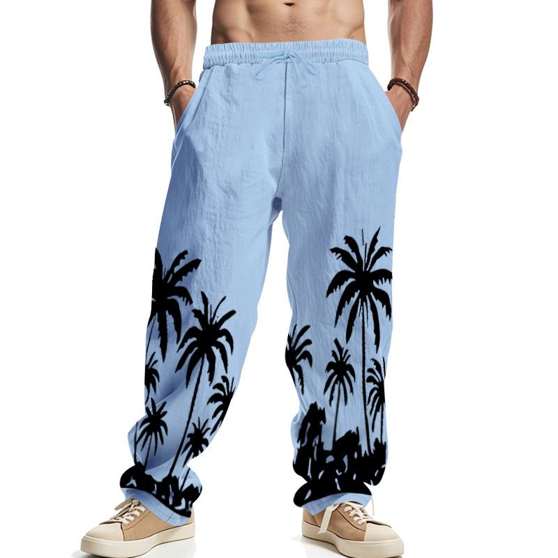 Men's Four Seasons Flax Casual Straight Leg Pants for Amazon Hawaii Print Wide Leg Trousers for Casual