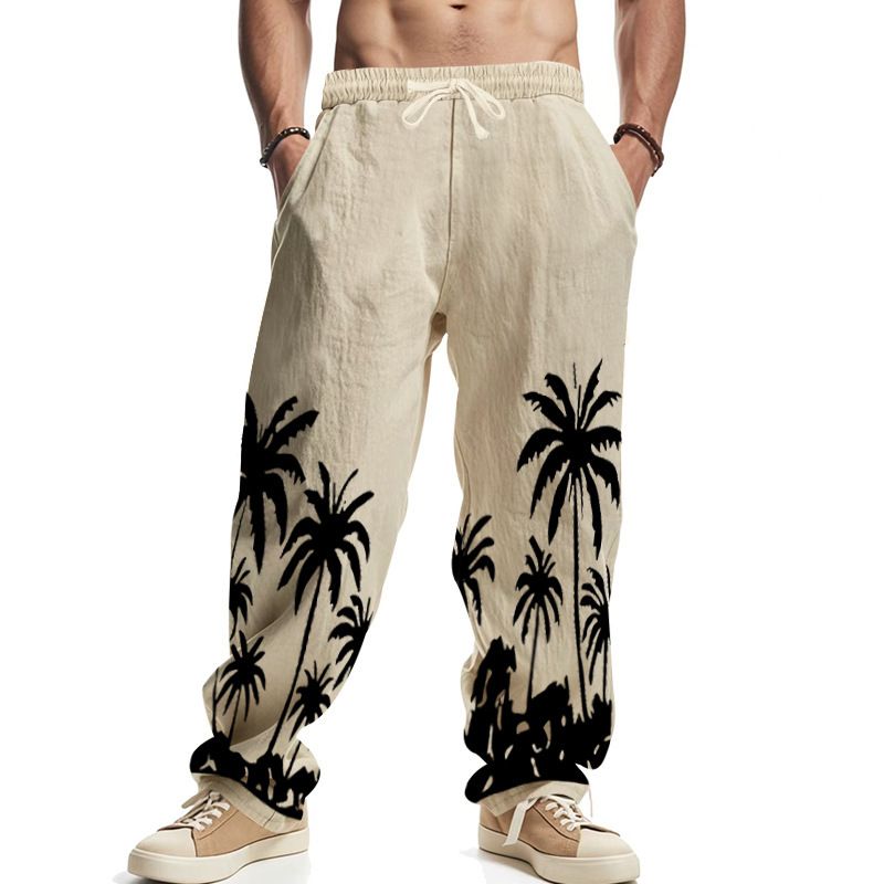 Men's Four Seasons Flax Casual Straight Leg Pants for Amazon Hawaii Print Wide Leg Trousers for Casual