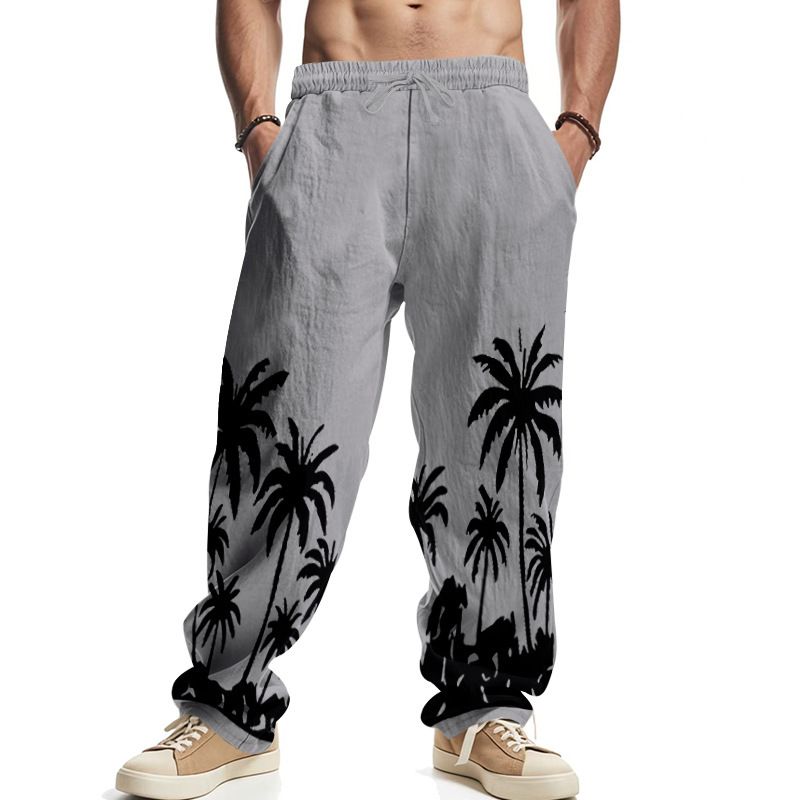 Men's Four Seasons Flax Casual Straight Leg Pants for Amazon Hawaii Print Wide Leg Trousers for Casual