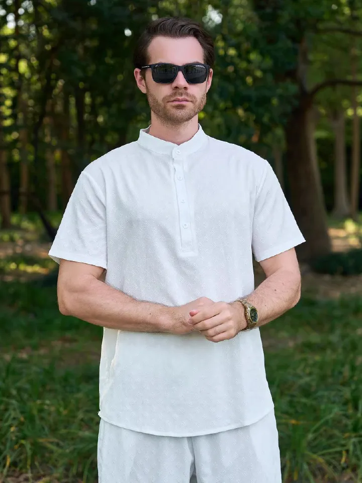 High Quality Mens Cotton Linen Henley Shirt Hippie Costume Yoga Outfits Loose Short Sleeve Top Casual Wear Beach Clothes TShirts