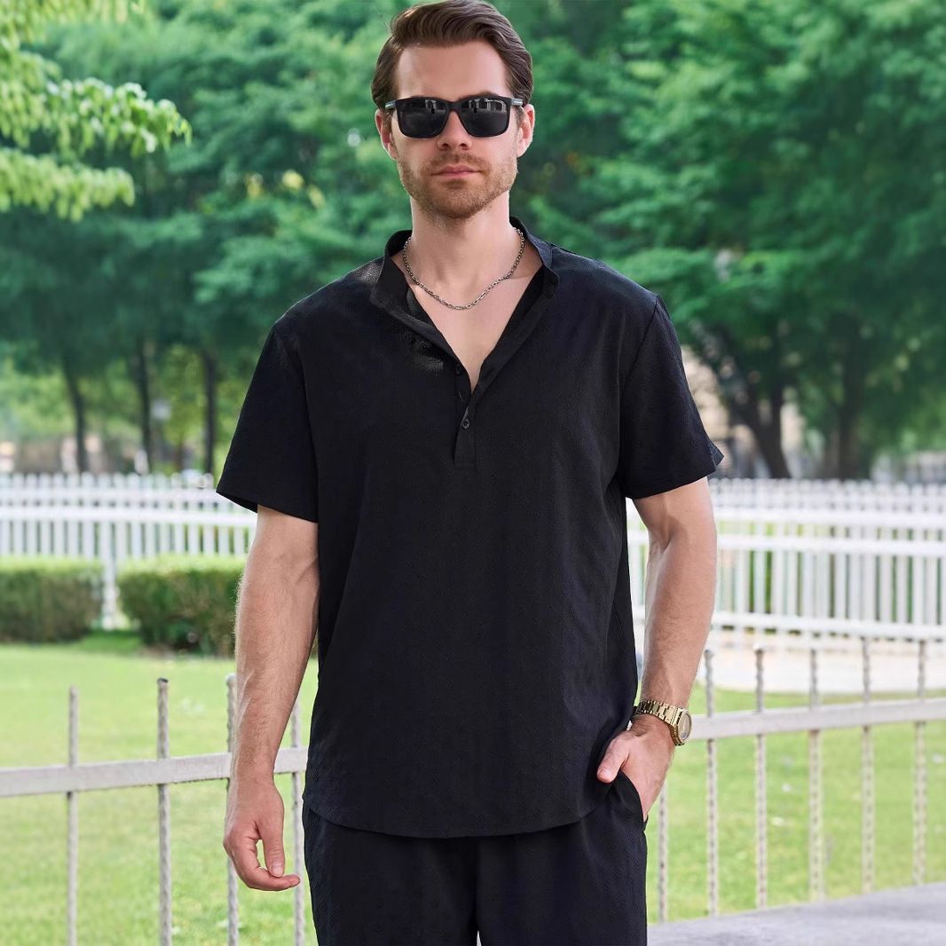High Quality Mens Cotton Linen Henley Shirt Hippie Costume Yoga Outfits Loose Short Sleeve Top Casual Wear Beach Clothes TShirts