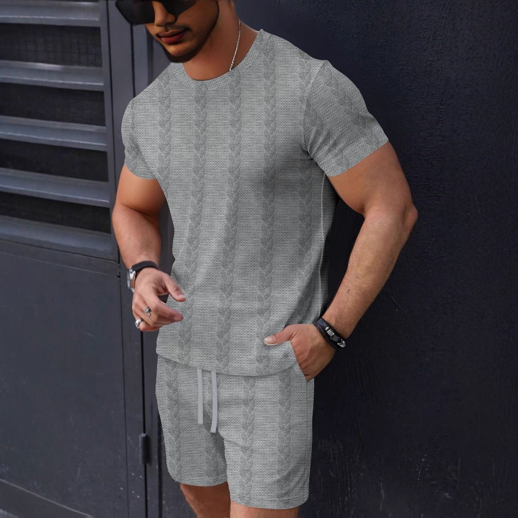 Summer Solid Jacquard Casual Round Neck Men's Casual Suit Short Sleeve Shorts Pants Fashion Simple Design Clothes Set for Men Two-Piece Outfits
