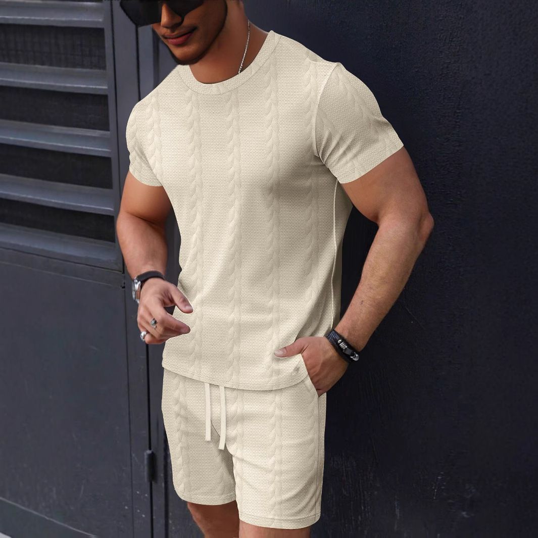 Summer Solid Jacquard Casual Round Neck Men's Casual Suit Short Sleeve Shorts Pants Fashion Simple Design Clothes Set for Men Two-Piece Outfits