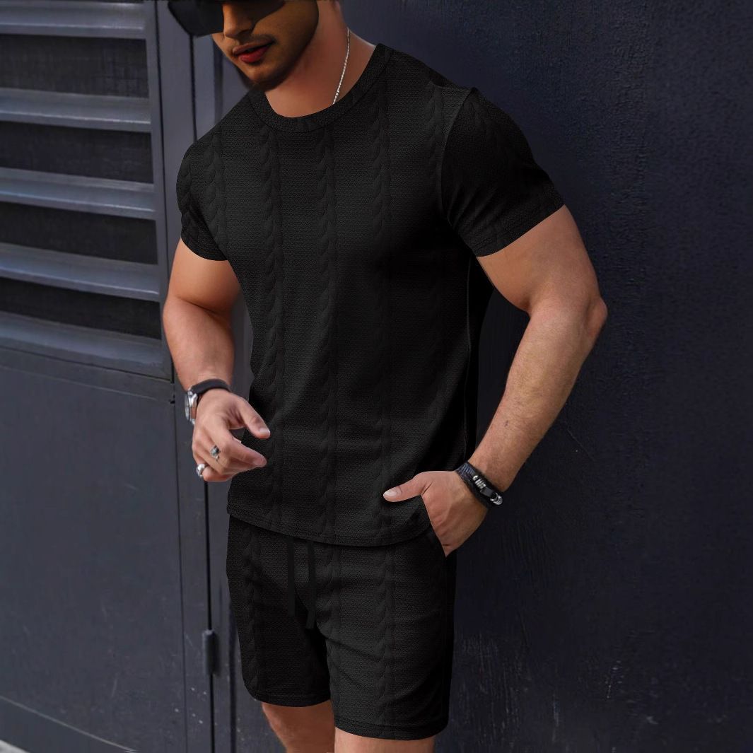 Summer Solid Jacquard Casual Round Neck Men's Casual Suit Short Sleeve Shorts Pants Fashion Simple Design Clothes Set for Men Two-Piece Outfits