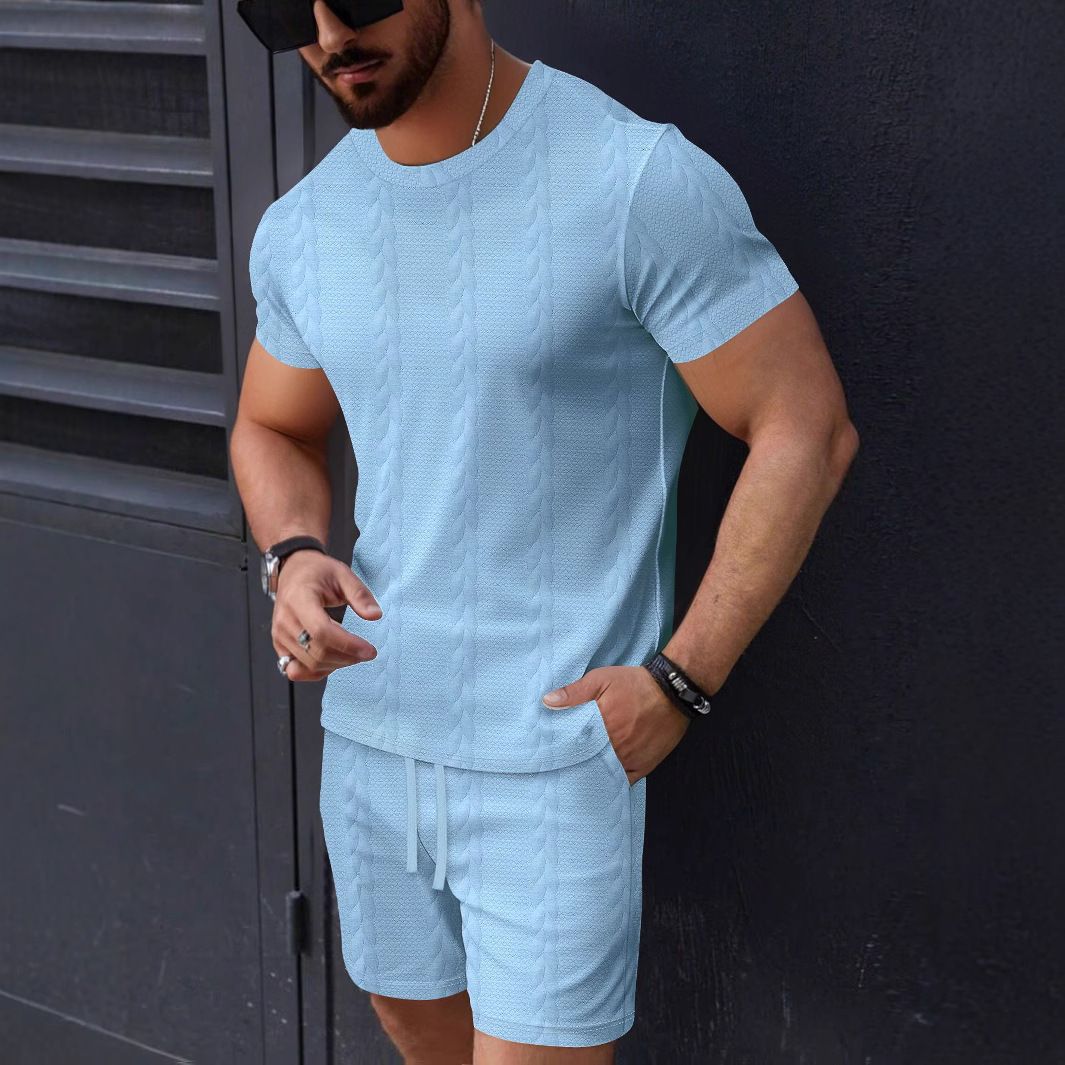 Summer Solid Jacquard Casual Round Neck Men's Casual Suit Short Sleeve Shorts Pants Fashion Simple Design Clothes Set for Men Two-Piece Outfits