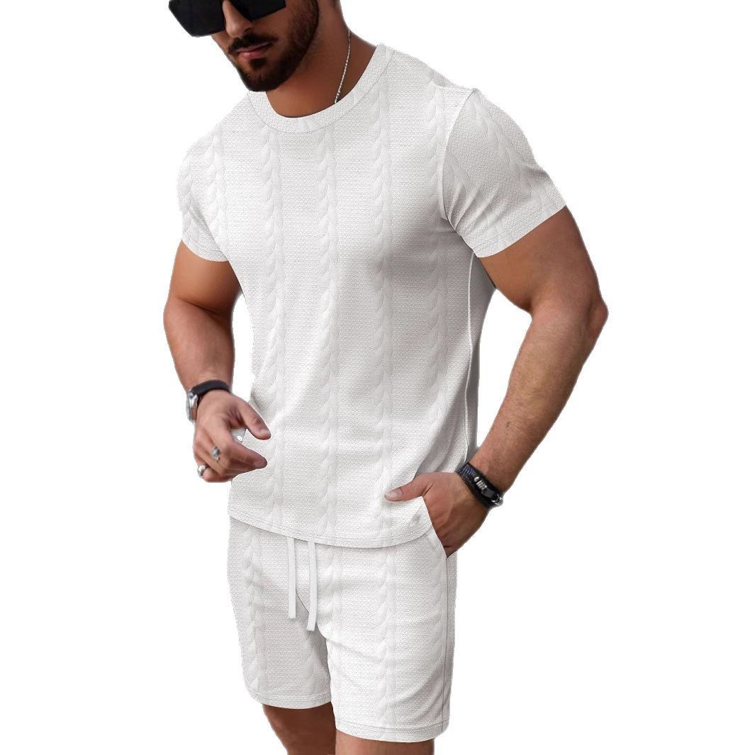 Summer Solid Jacquard Casual Round Neck Men's Casual Suit Short Sleeve Shorts Pants Fashion Simple Design Clothes Set for Men Two-Piece Outfits