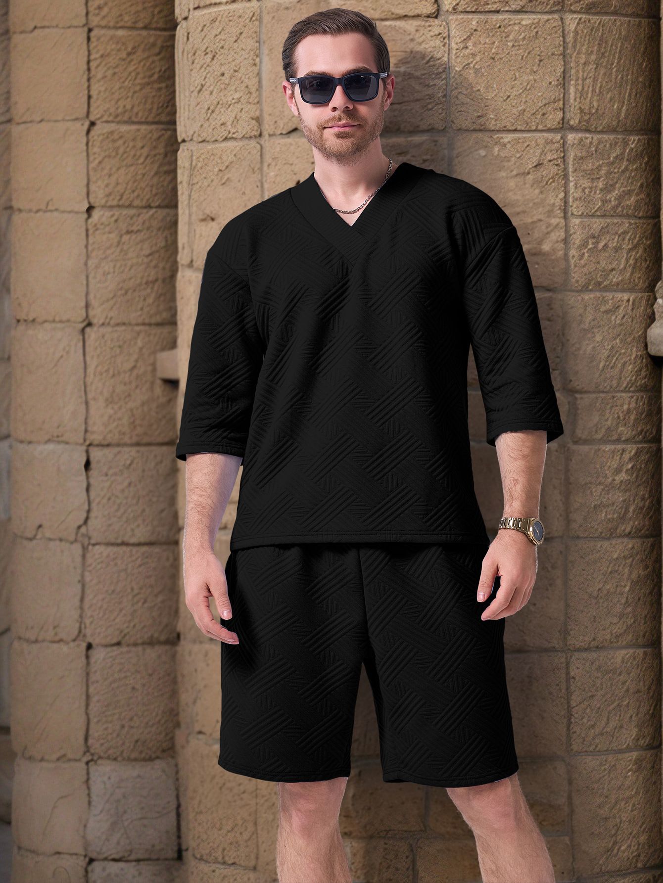 Customizable Men's Summer Outdoor Shorts Suit, Casual Loose Short-sleeve Patterned Shirt, New Heart-shaped Collar American Two-Piece Outfits