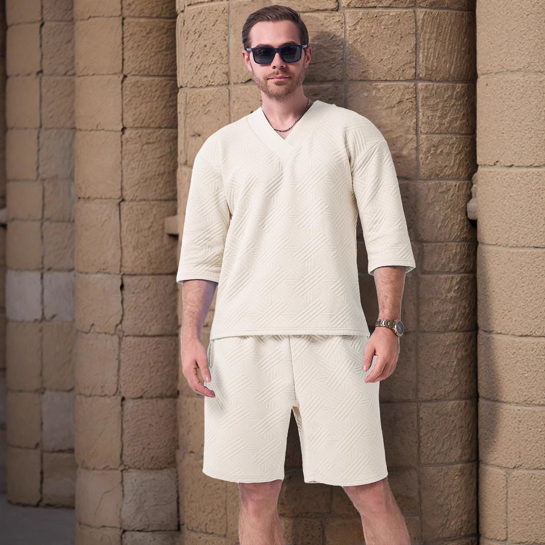 Customizable Men's Summer Outdoor Shorts Suit, Casual Loose Short-sleeve Patterned Shirt, New Heart-shaped Collar American Two-Piece Outfits