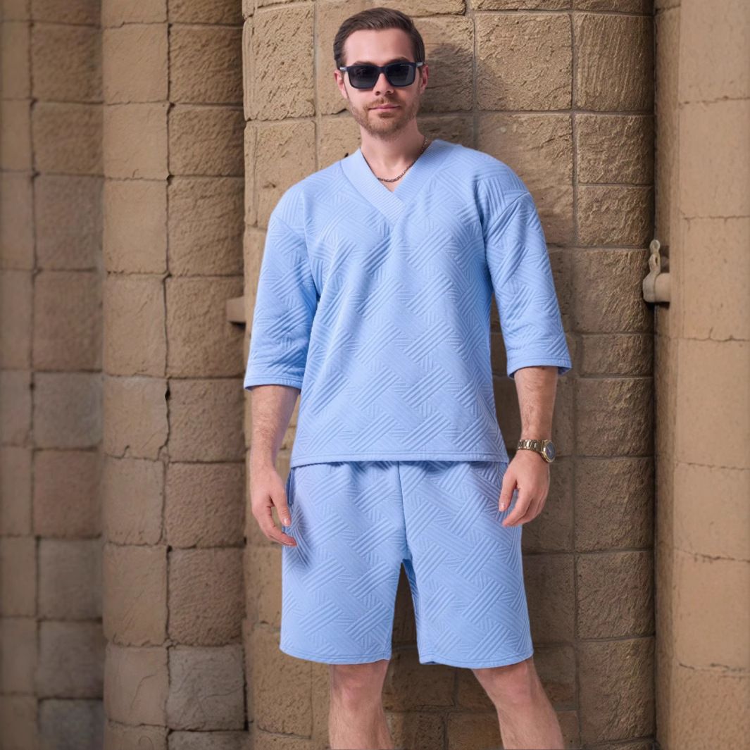 Customizable Men's Summer Outdoor Shorts Suit, Casual Loose Short-sleeve Patterned Shirt, New Heart-shaped Collar American Two-Piece Outfits