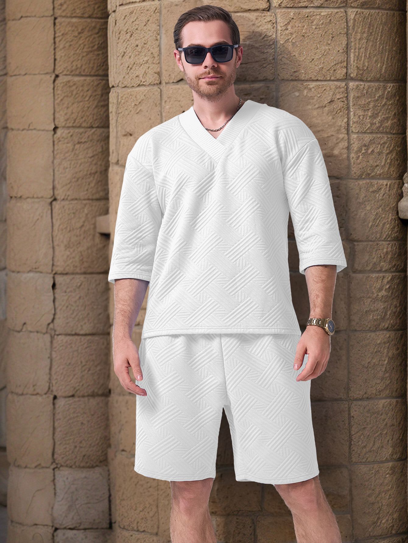 Customizable Men's Summer Outdoor Shorts Suit, Casual Loose Short-sleeve Patterned Shirt, New Heart-shaped Collar American Two-Piece Outfits
