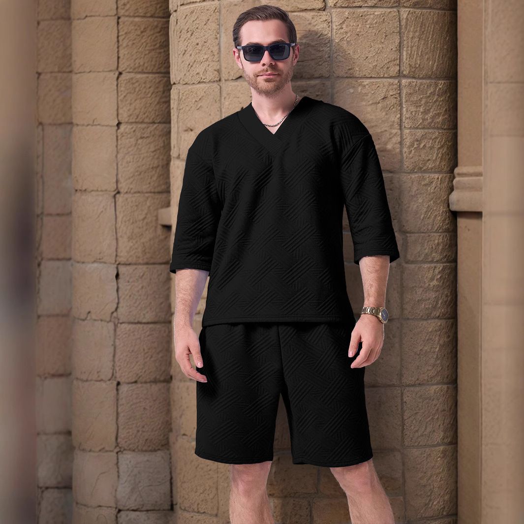 Customizable Men's Summer Outdoor Shorts Suit, Casual Loose Short-sleeve Patterned Shirt, New Heart-shaped Collar American Two-Piece Outfits