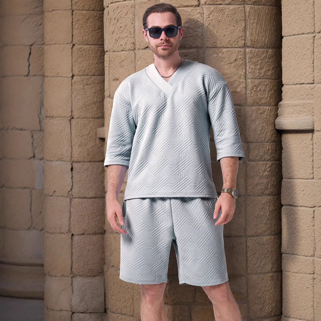 Customizable Men's Summer Outdoor Shorts Suit, Casual Loose Short-sleeve Patterned Shirt, New Heart-shaped Collar American Two-Piece Outfits