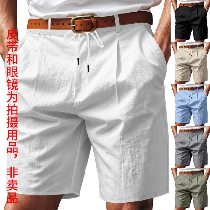 hot sale American loose casual men's linen summer breathable beach five-point shorts