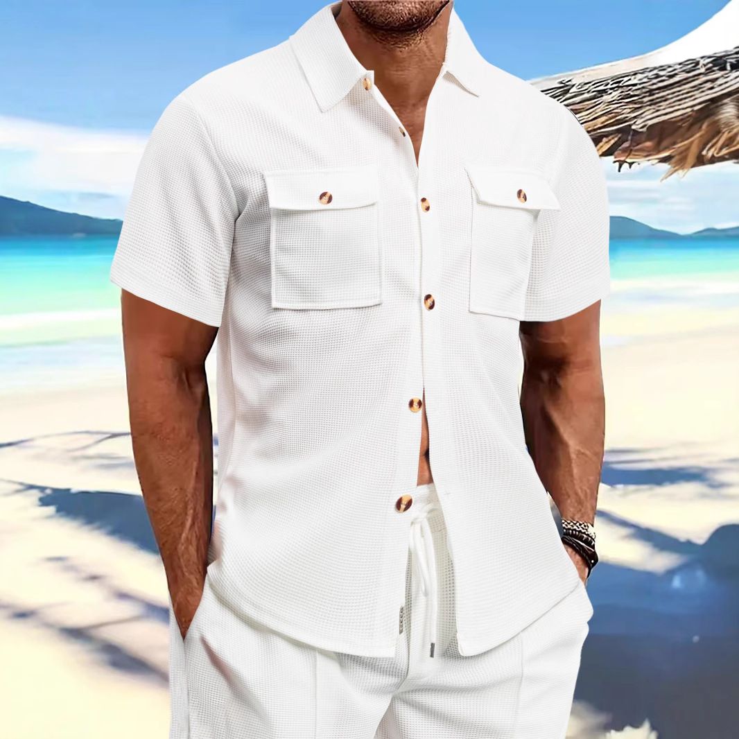 Men's Linen Cardigan Short Sleeve Button-Up Shirt Summer Beach Wear Drawstring Pocket Solid/Print Knitted Fabric Casual Style  Shirts