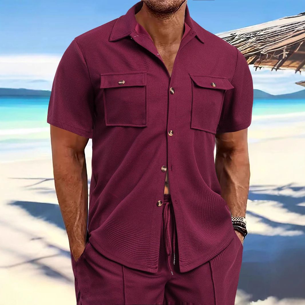 Men's Linen Cardigan Short Sleeve Button-Up Shirt Summer Beach Wear Drawstring Pocket Solid/Print Knitted Fabric Casual Style  Shirts